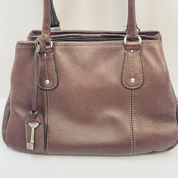 Fossil Brown Pebbled Leather Satchel Double Top Handles Shoulder Bag Purse - Picture 2 of 11